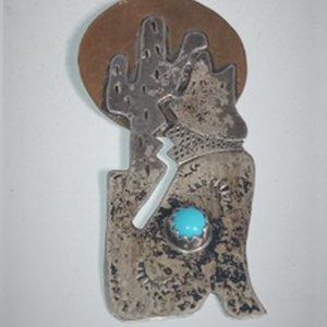 Vtg Sterling Silver Turquoise SOUTHWEST Navajo Wolf Moon Pendant Necklace